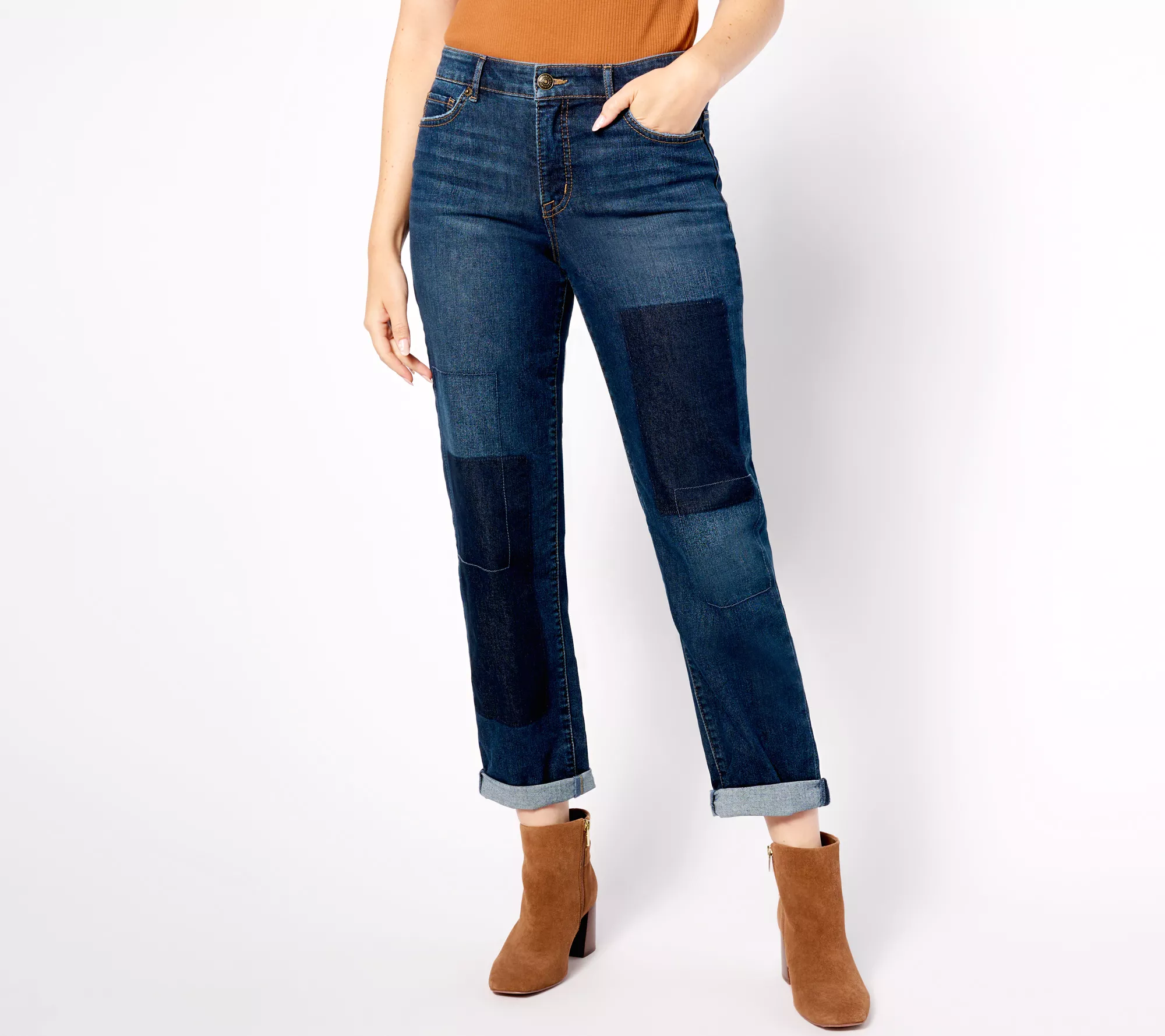 "As Is" LOGO by Lori Goldstein Petite Shadow Patch Boyfriend Jeans