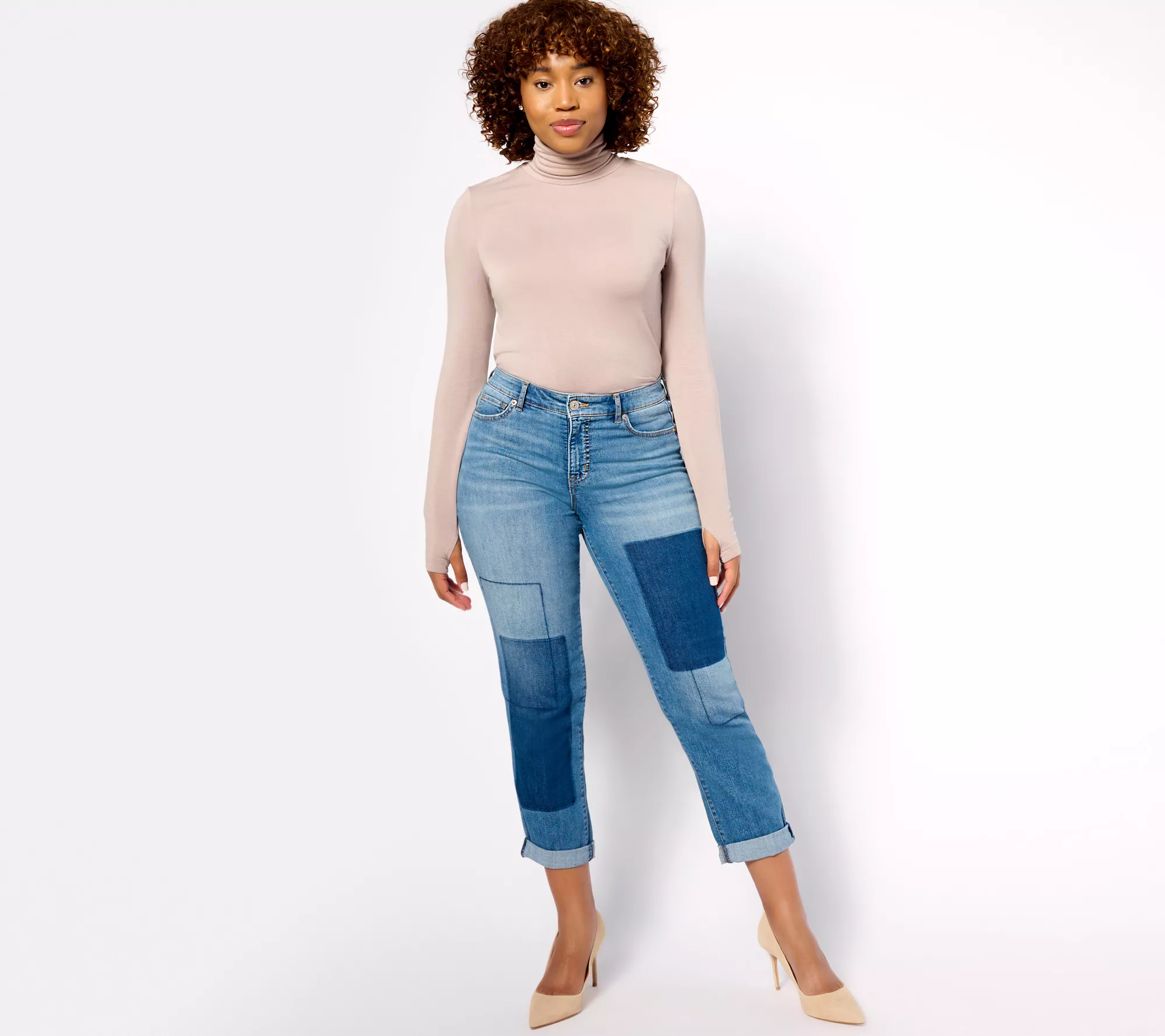 "As Is" LOGO by Lori Goldstein Petite Shadow Patch Boyfriend Jeans