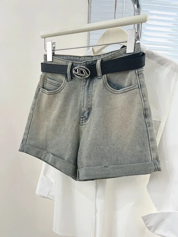 American retro washed denim shorts for women 2024 new summer loose wide-legged high-waisted a-line hot pants for hot girls