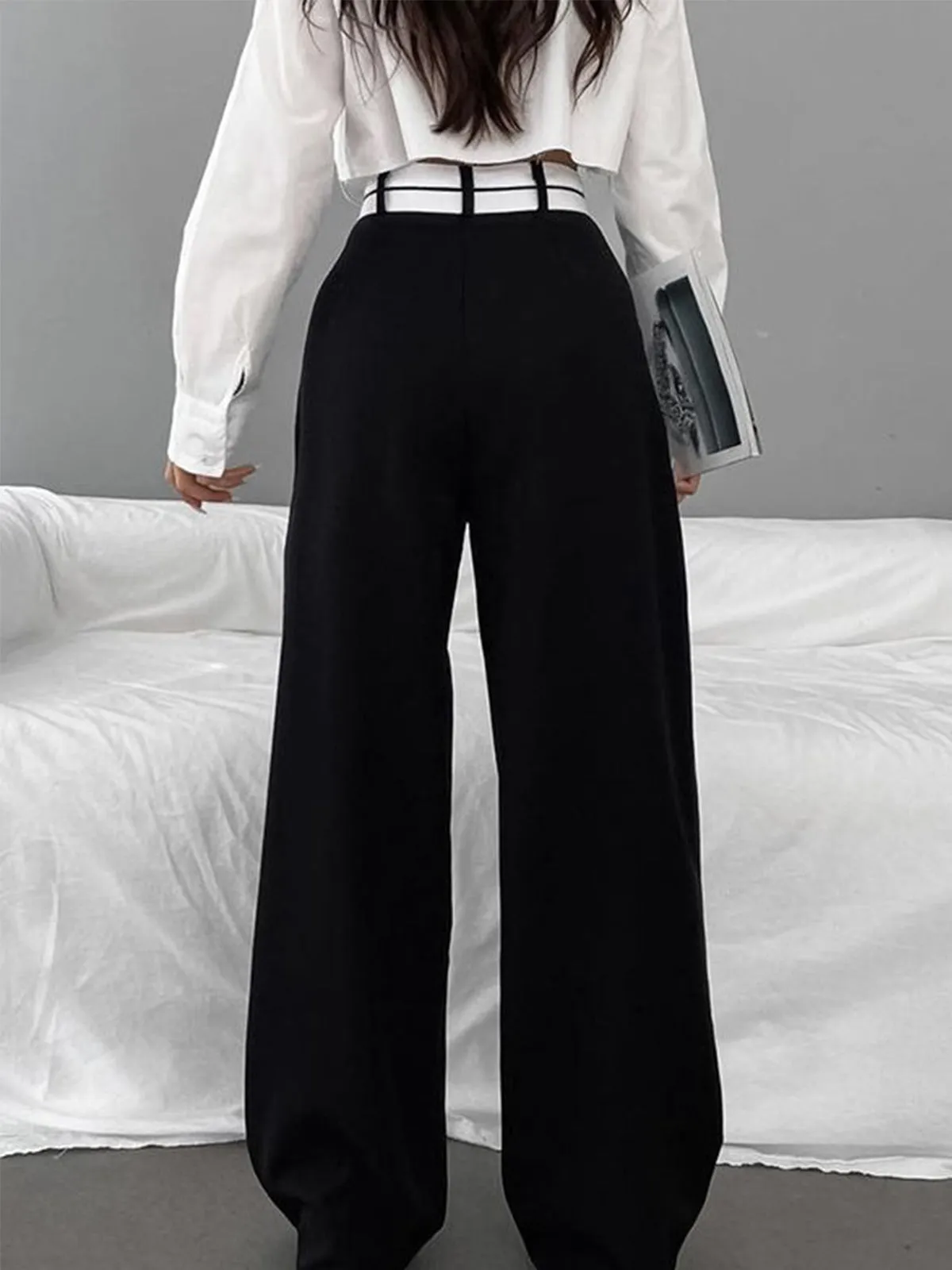 Asymmetrical Contrast Waistband Wide Leg Dress Pants