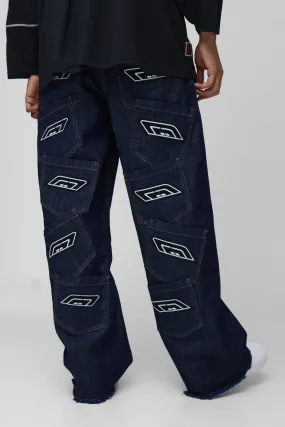 Baggy Fit Rigid Indigo Multi Pocket Embroidered Jeans