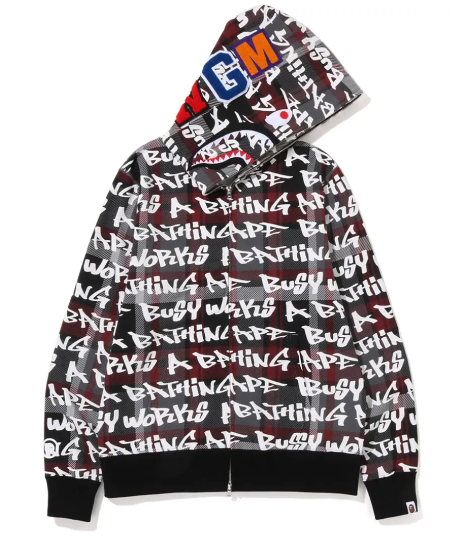 BAPE Graffiti Check Shark Full Zip Hoodie 'Red'