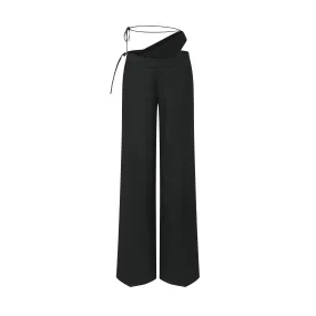 BLACK WOOL DECONSTRUCTED STRAIGHT-LEG TROUSERS