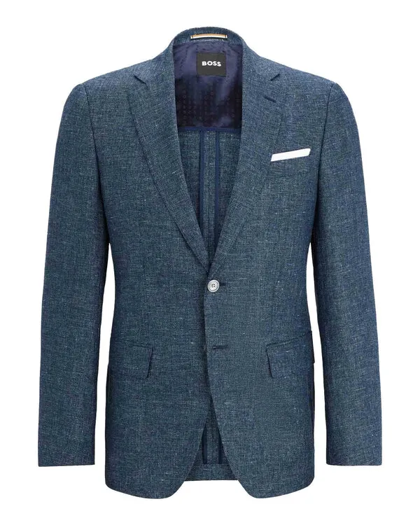 BOSS BLACK Boss Patterned Virgin Wool and Linen Slim-Fit Jacket - Navy