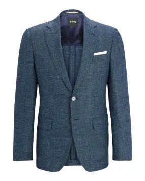 BOSS BLACK Boss Patterned Virgin Wool and Linen Slim-Fit Jacket - Navy