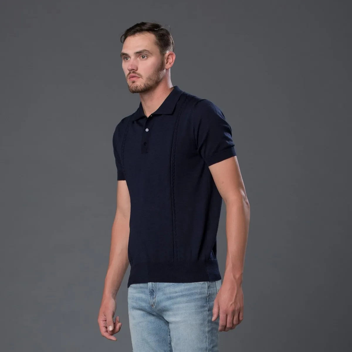 Cable Knit Polo - Navy