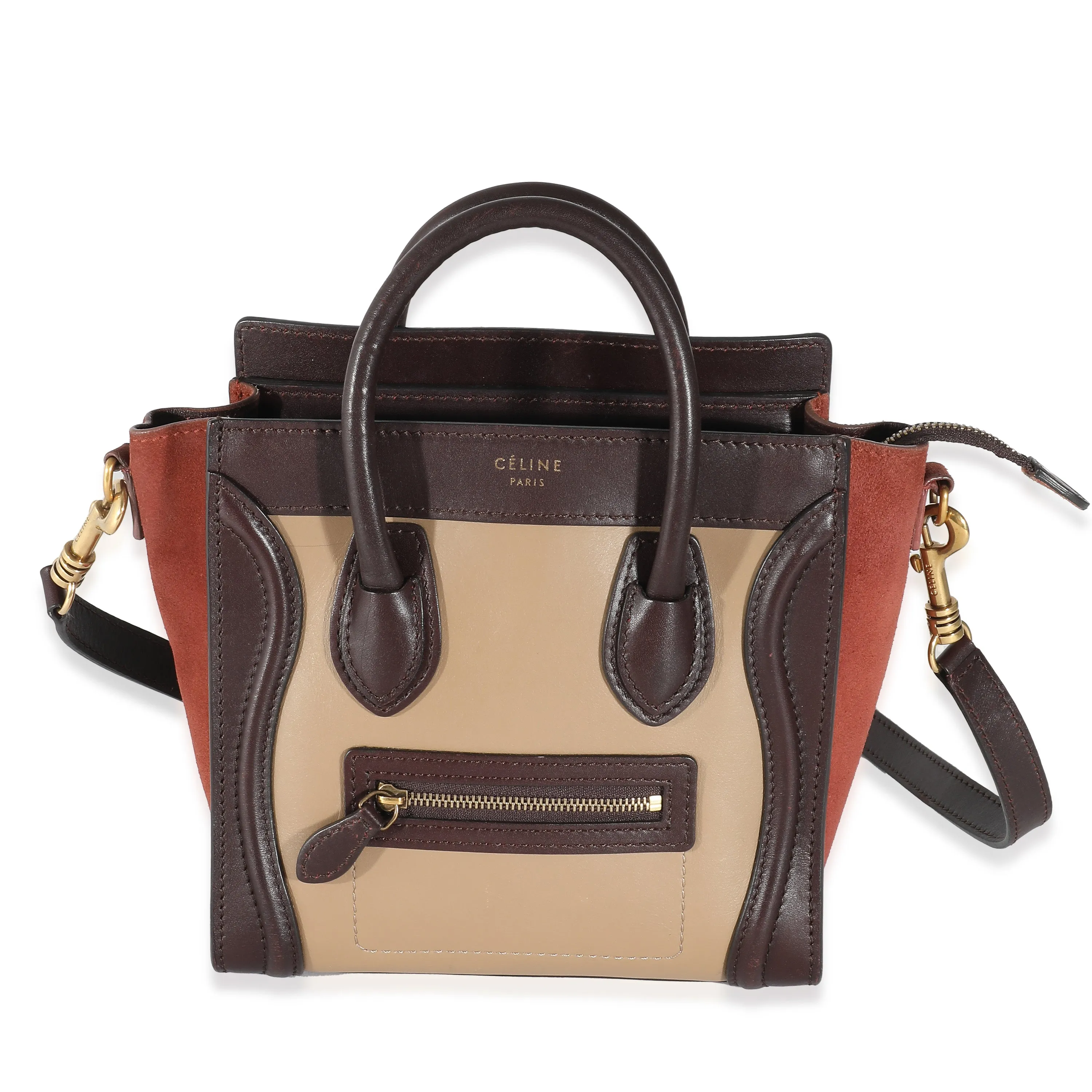 Celine Burgundy Beige Brown Tri-Colour Suede Leather Nano Luggage