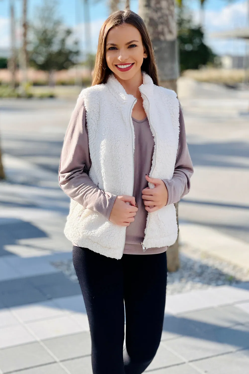 Cozy Days Zip Up Teddy Bear Vest - Cream