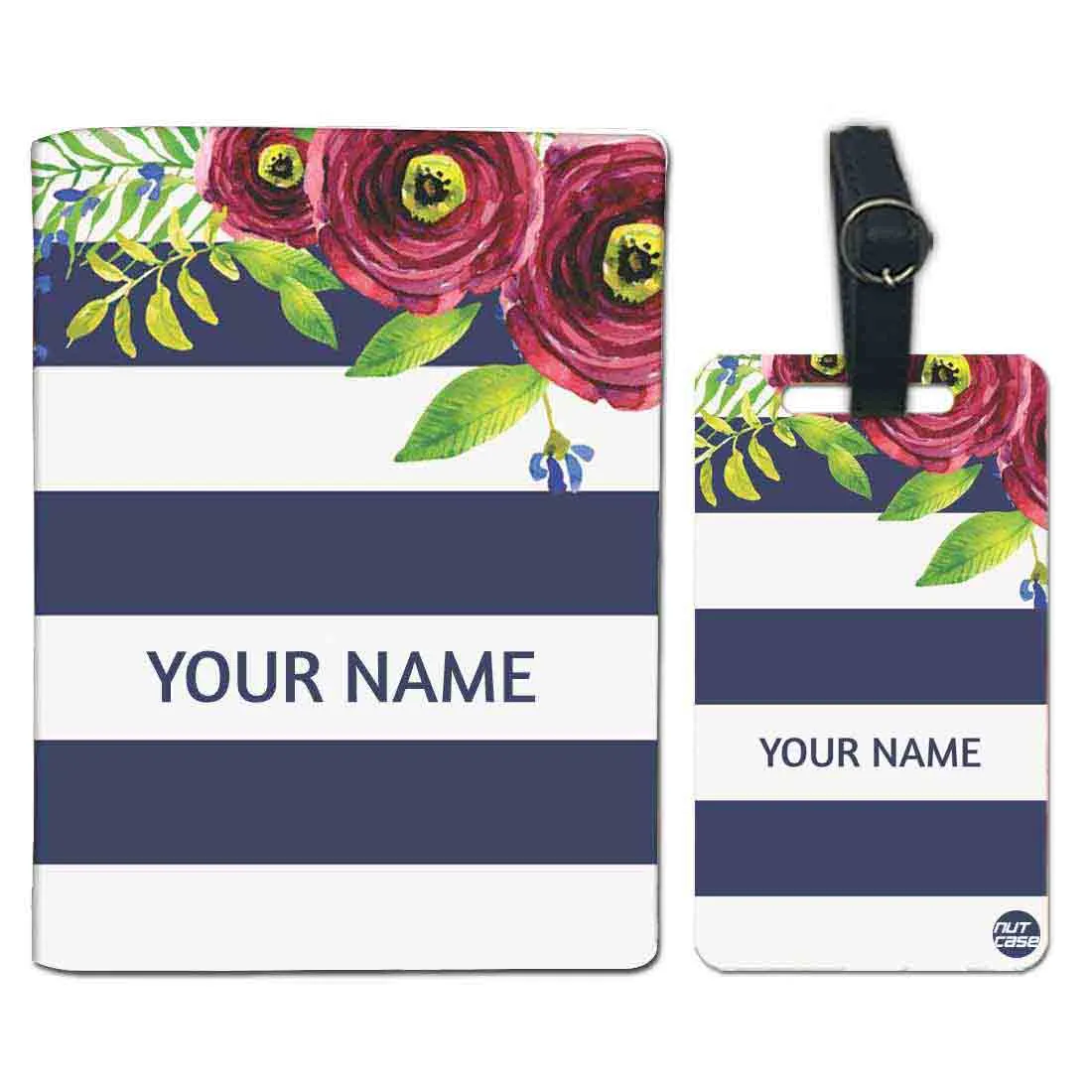 Customized Passport Cover and Luggage Tag Set - Flower with Blue Strips