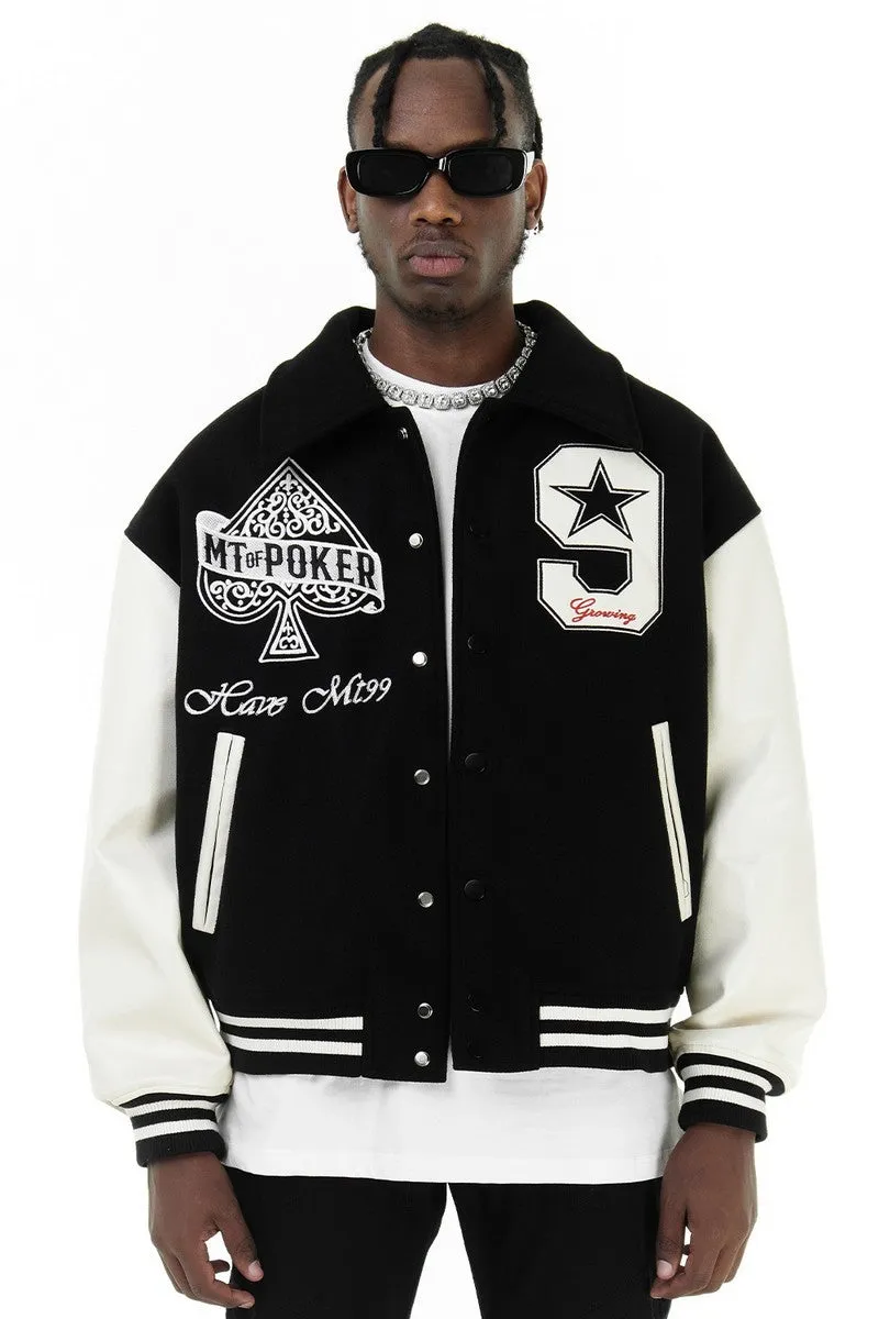 CZ Poker PU Leather Varsity Jacket