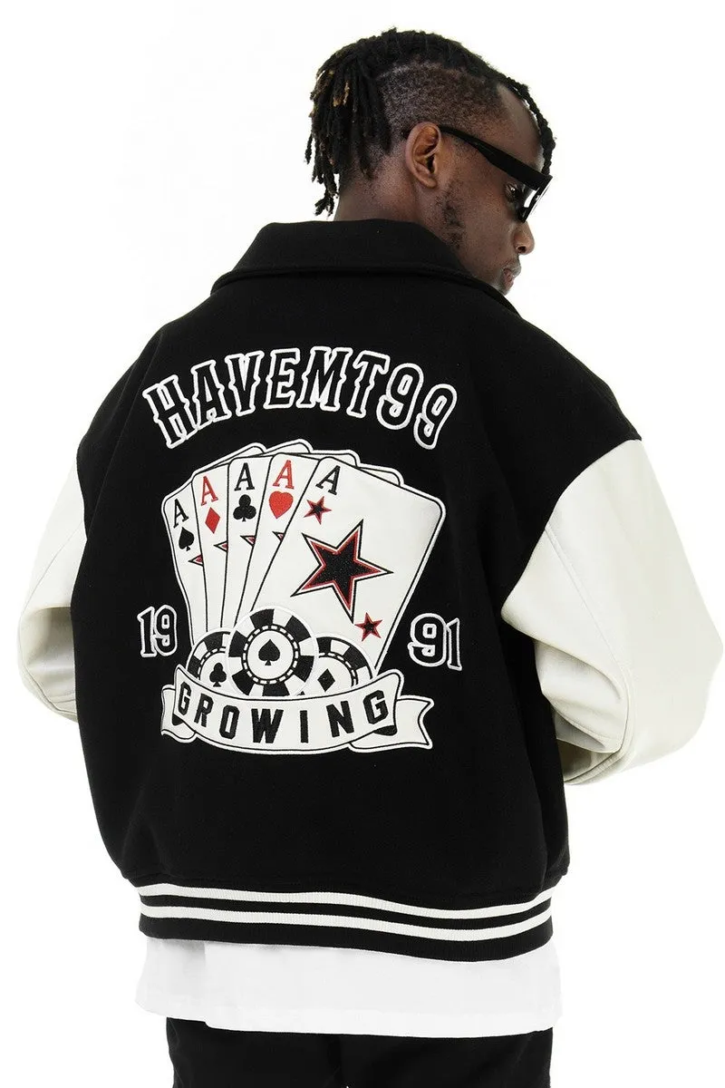 CZ Poker PU Leather Varsity Jacket