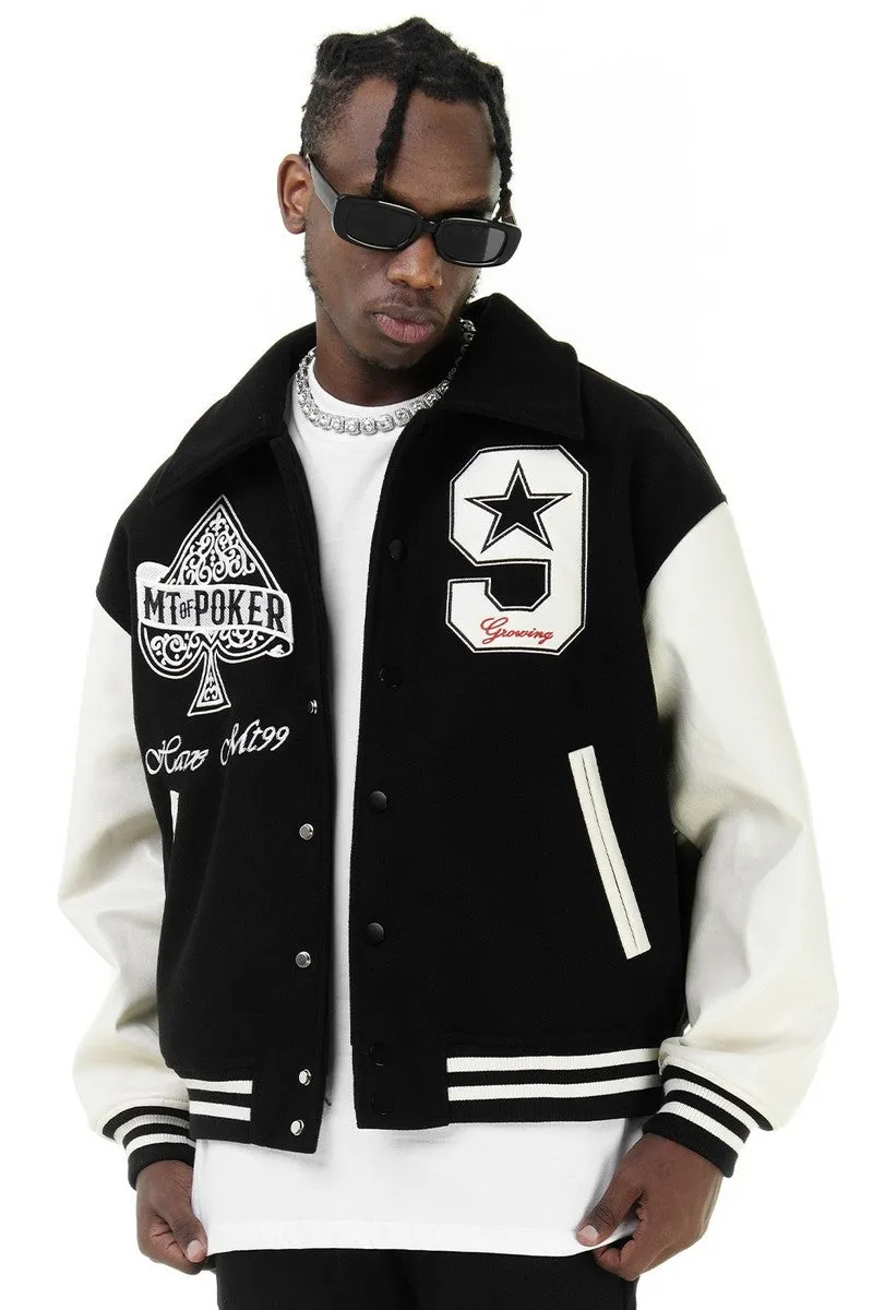 CZ Poker PU Leather Varsity Jacket