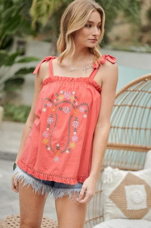 DAVI & DANI Embroidered Sleeveless Ruffle Tank Top