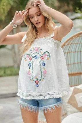 DAVI & DANI Embroidered Sleeveless Ruffle Tank Top