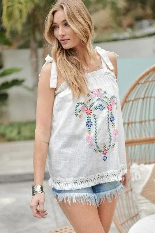 DAVI & DANI Embroidered Sleeveless Ruffle Tank Top