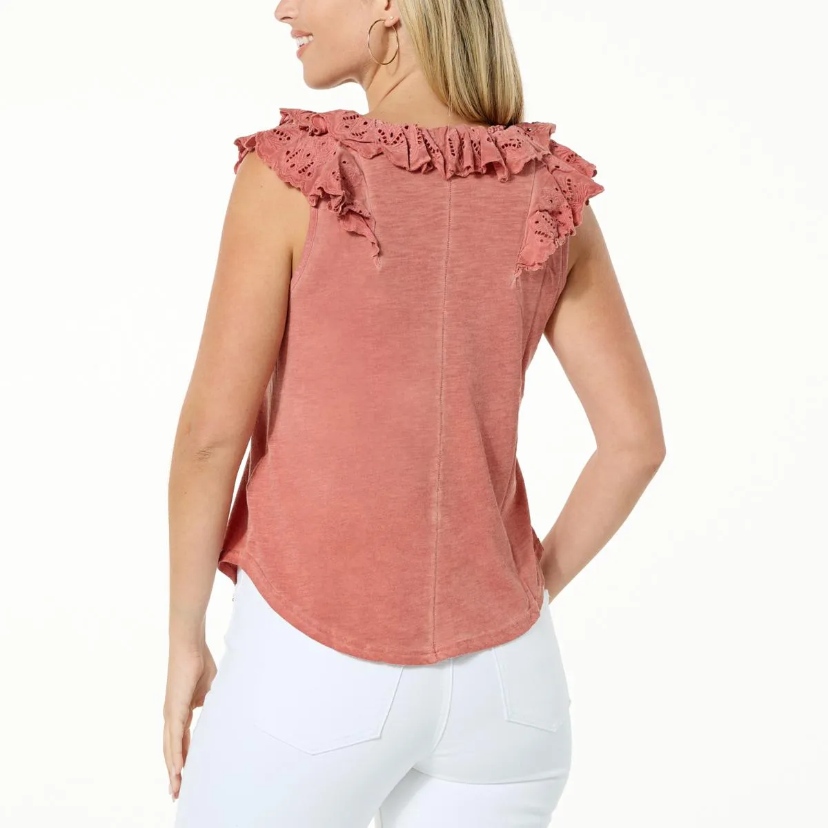      Democracy Mineral Wash Knit Ruffle Neck Sleeveless Top     