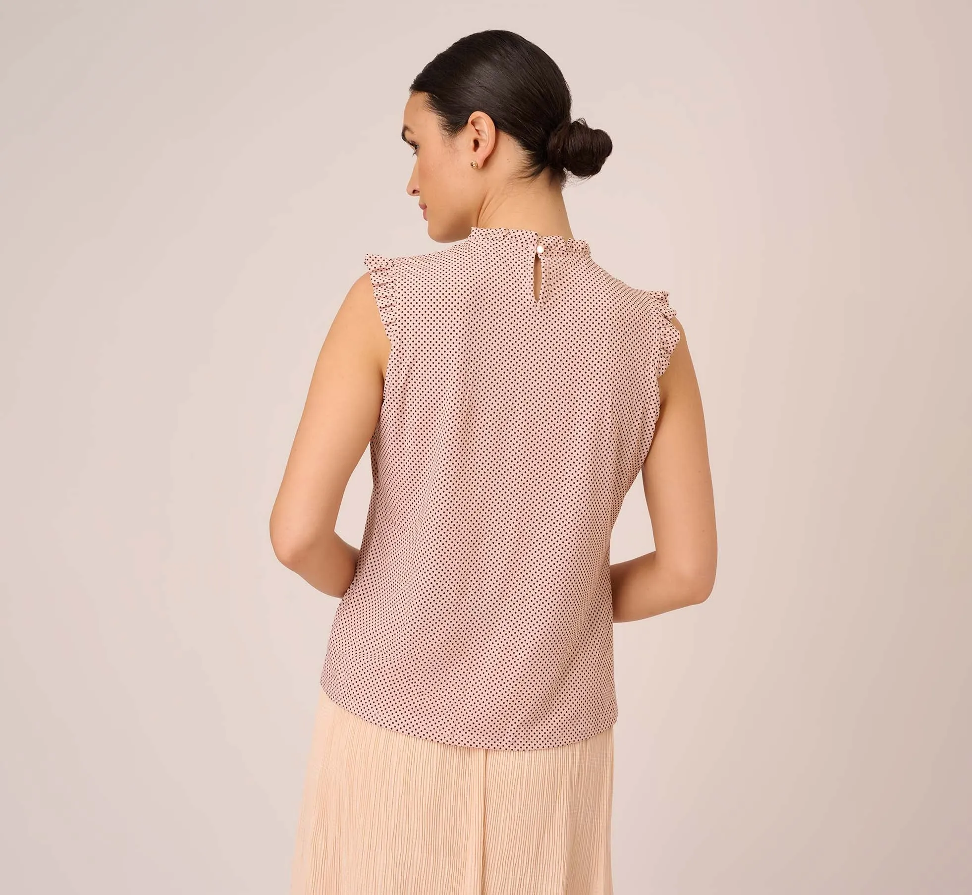 Dot Print Sleeveless Top With Ruffled Details In Champagne Small Dot