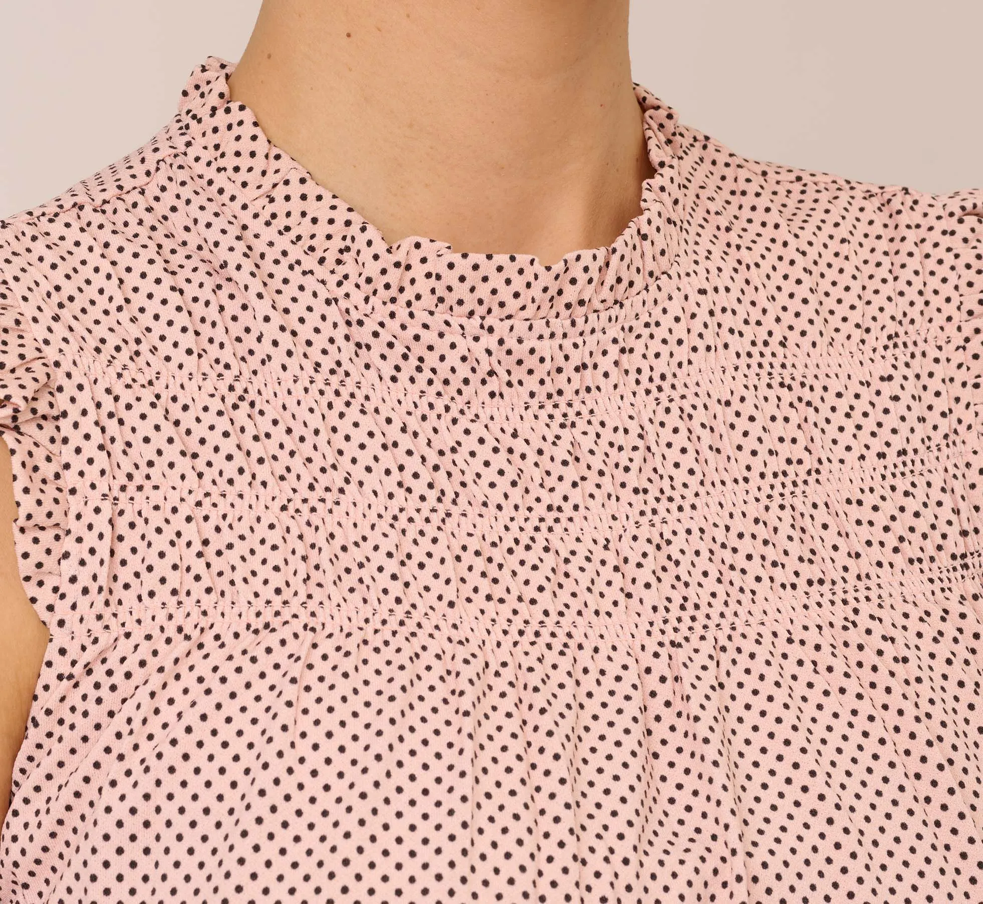 Dot Print Sleeveless Top With Ruffled Details In Champagne Small Dot