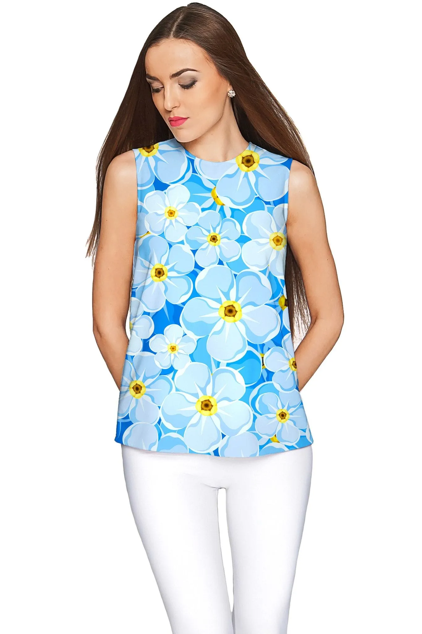 Forget-Me-Not Emily Blue Floral Sleeveless Knit Top - Women