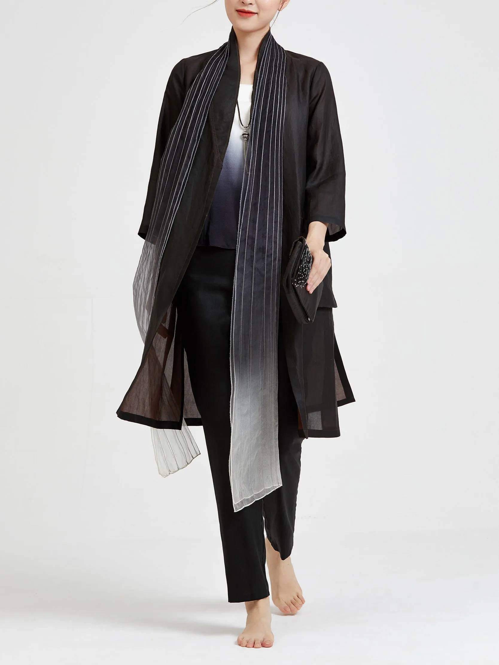 Gambiered Guangdong Silk Organza Hang Dyed Movable Collar Long Jacket