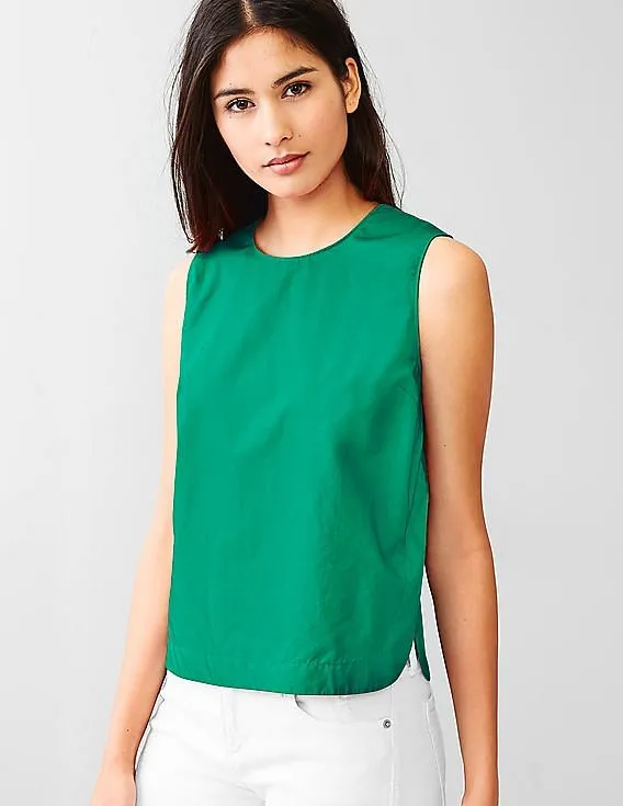 GAP Women Green Poplin Sleeveless Top