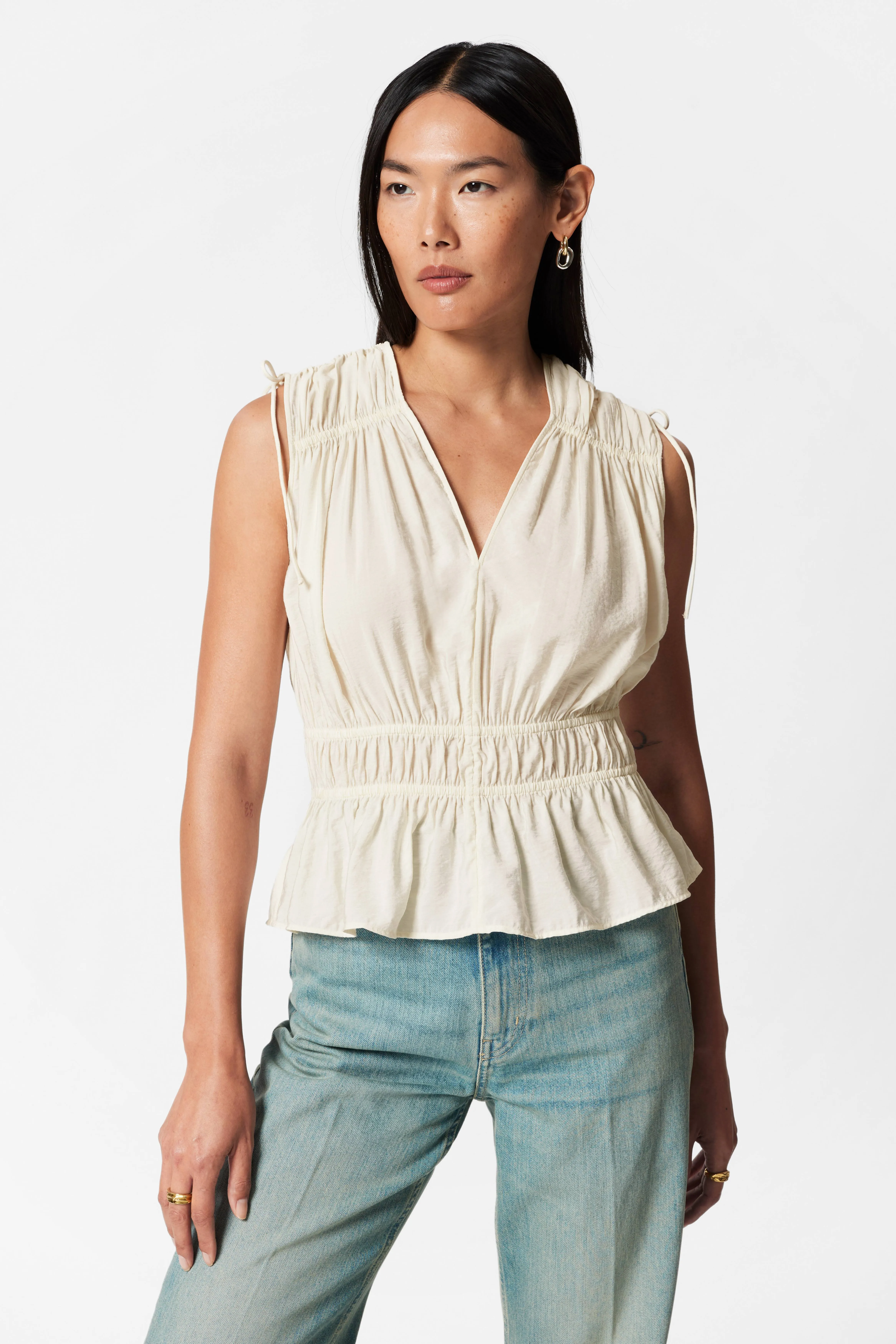 Gathered Top - V-neck - Sleeveless - White - Ladies | H&M GB