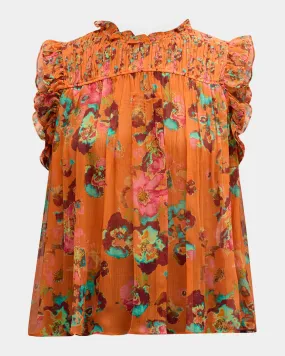 Georgina Sleeveless Ruffled Floral Silk Top