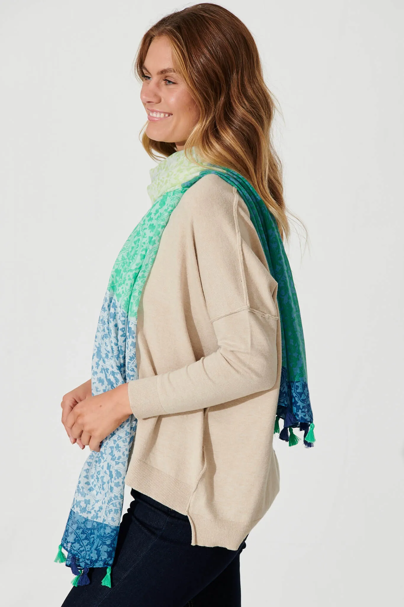 Hepburn Scarf In Multi Green Cotton Blend