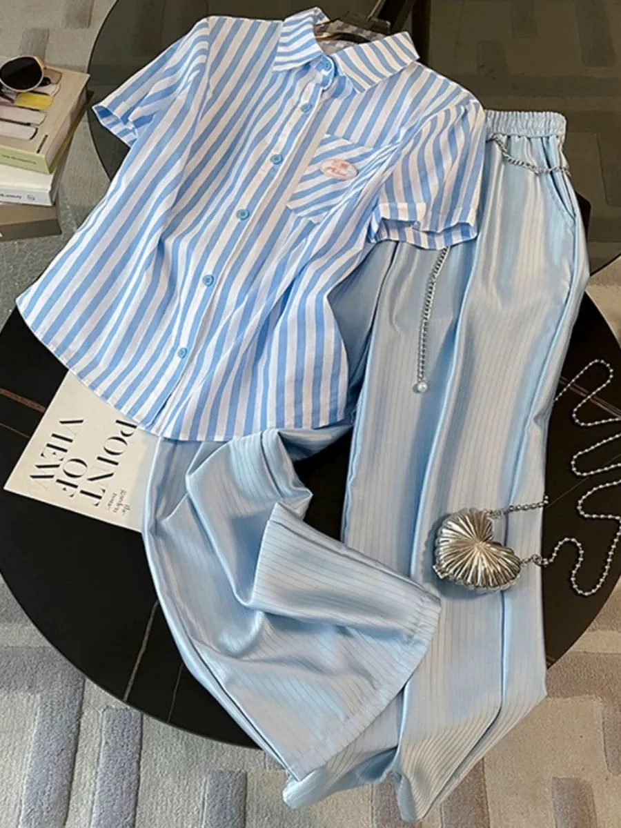 High-end fashion temperament short-sleeved casual sports suit for women summer 2023 new blue and white striped wide-leg pants tw