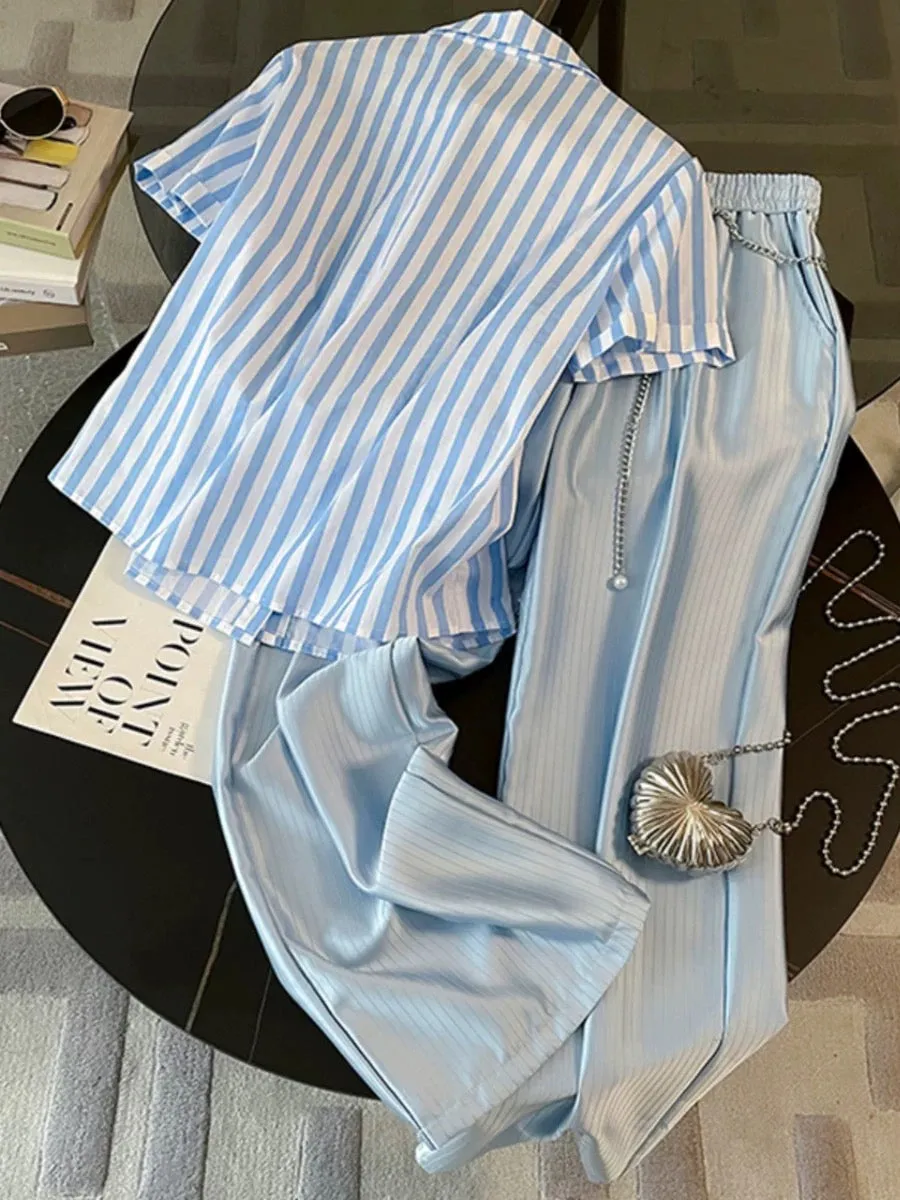 High-end fashion temperament short-sleeved casual sports suit for women summer 2023 new blue and white striped wide-leg pants tw