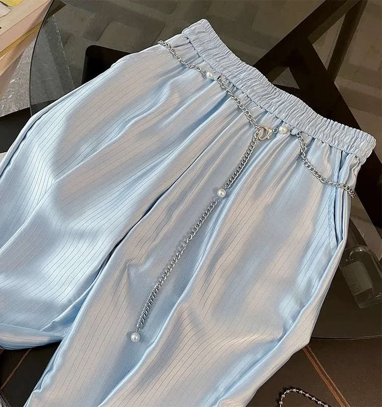 High-end fashion temperament short-sleeved casual sports suit for women summer 2023 new blue and white striped wide-leg pants tw