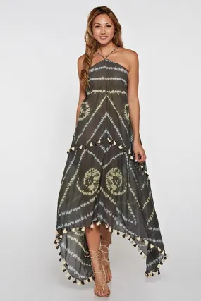 Khelani Moroccan Swirl Tie Die Sheer Halter Scarf Maxi / Coverup Dress - Green