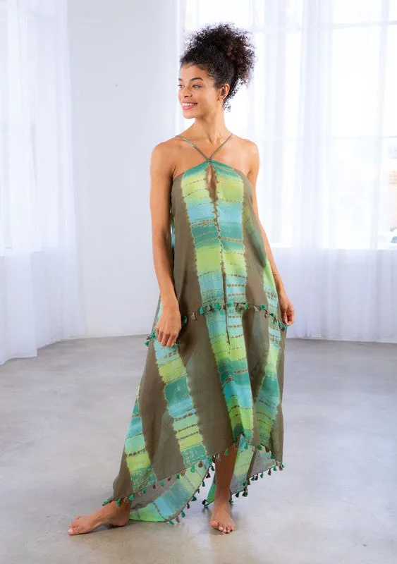 Khelani Moroccan Swirl Tie Die Sheer Halter Scarf Maxi / Coverup Dress - Olive/Khaki