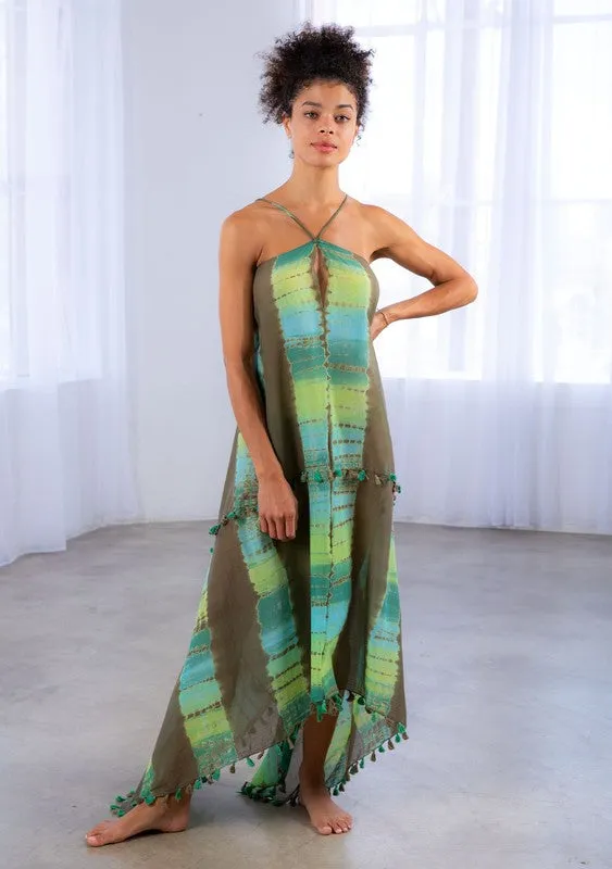 Khelani Moroccan Swirl Tie Die Sheer Halter Scarf Maxi / Coverup Dress - Olive/Khaki