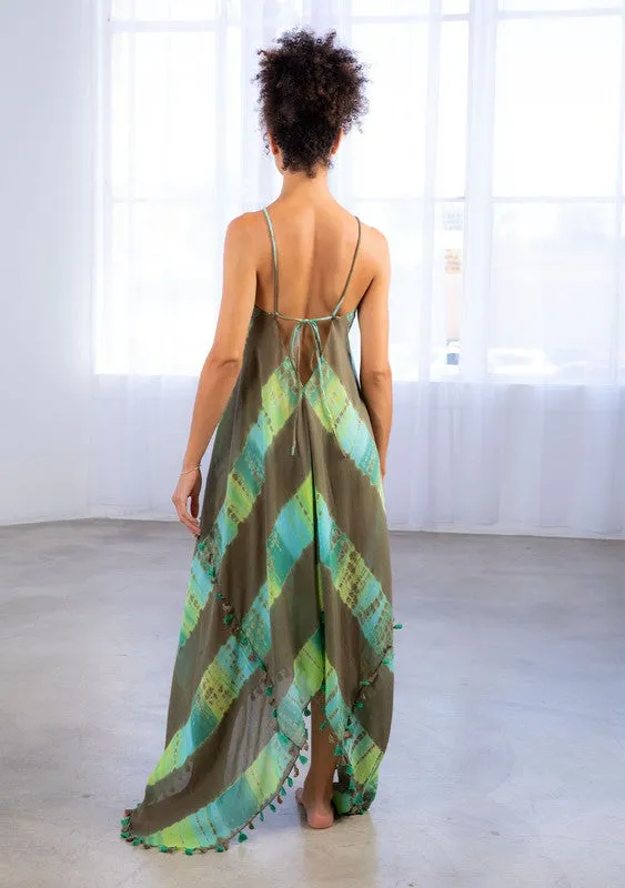 Khelani Moroccan Swirl Tie Die Sheer Halter Scarf Maxi / Coverup Dress - Olive/Khaki