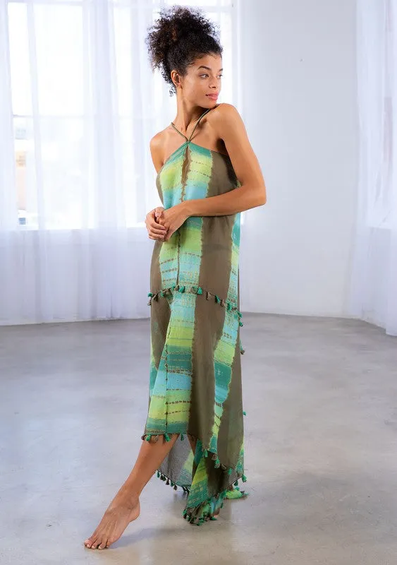 Khelani Moroccan Swirl Tie Die Sheer Halter Scarf Maxi / Coverup Dress - Olive/Khaki