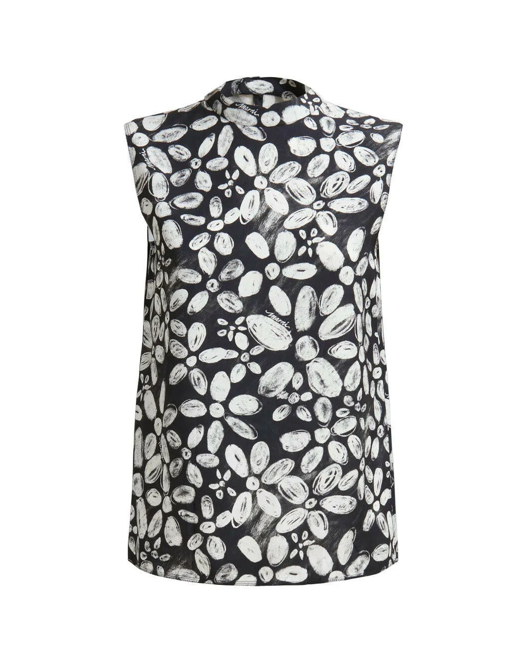   Marni Black Satin-Back Crepe Sleeveless Top with Blooming Print  