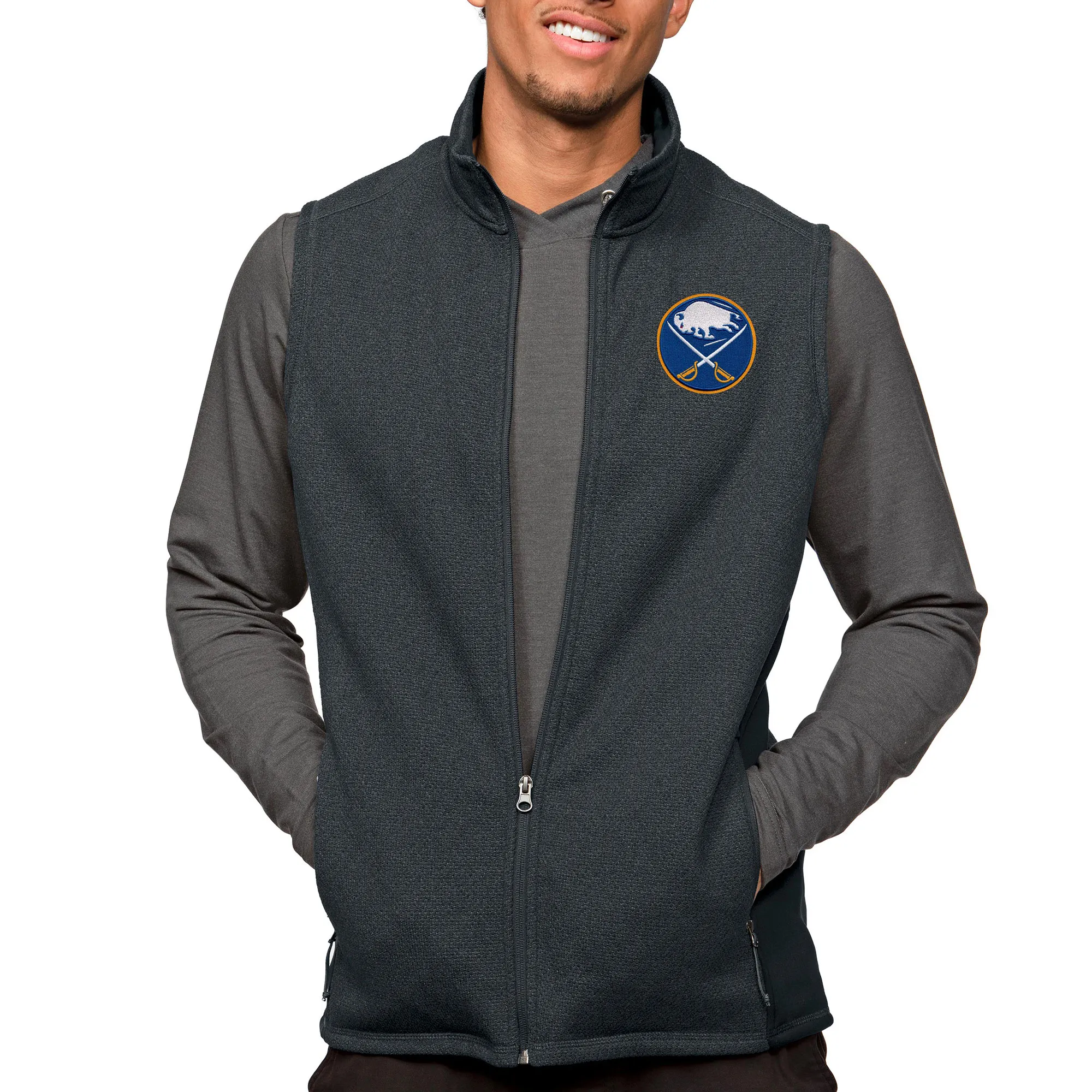 Men's Buffalo Sabres Antigua Heather Charcoal Course Full-Zip Vest