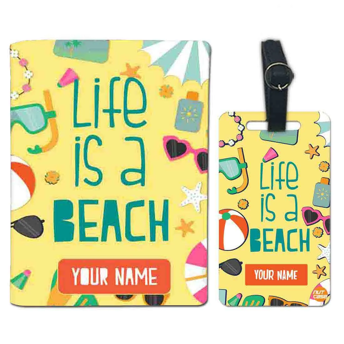 Personalised Passport Cover Luggage Tag Set - Life is A Beach Yellow