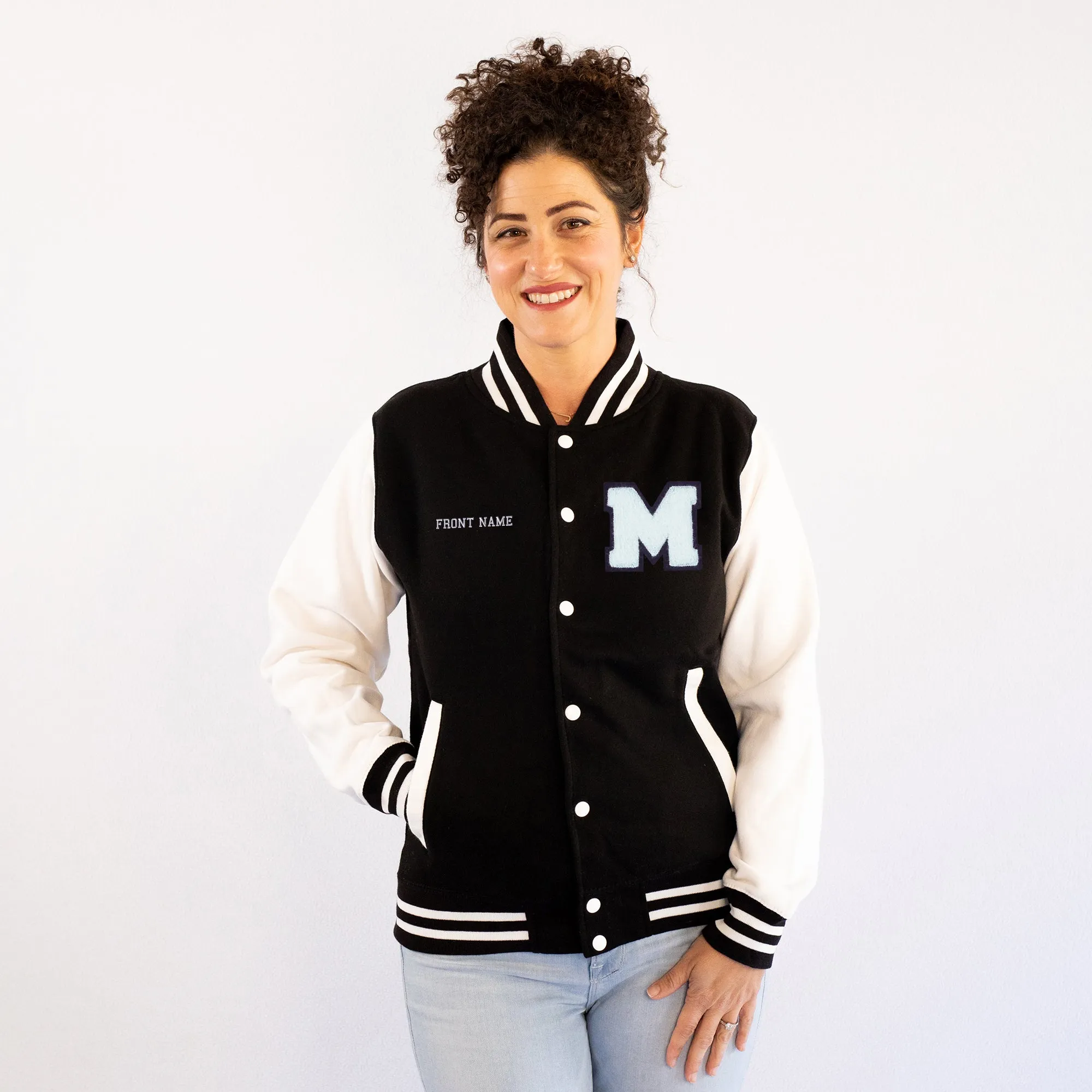 Personalized Adult Sweatshirt Varsity Jacket BLACK/WHITE