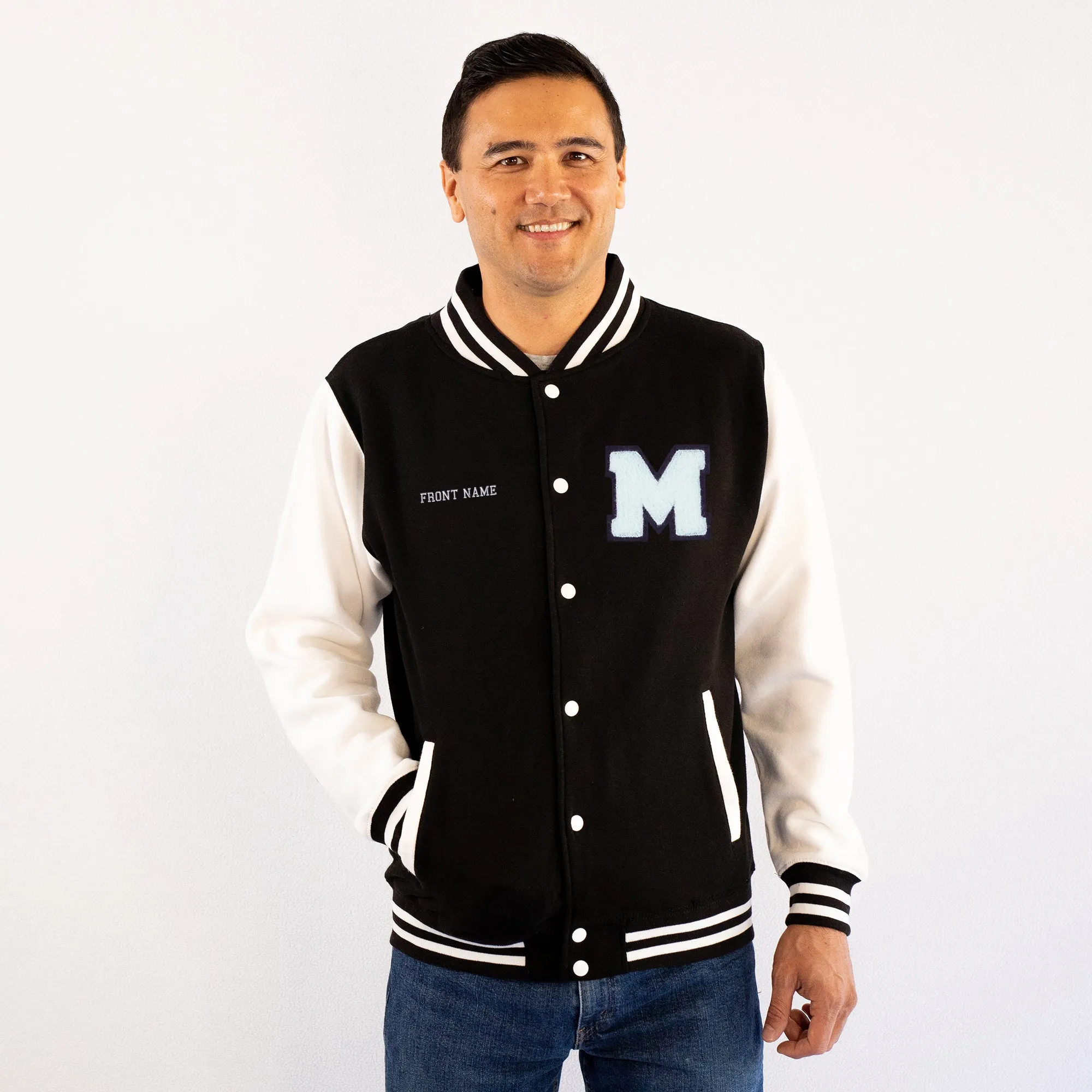 Personalized Adult Sweatshirt Varsity Jacket BLACK/WHITE