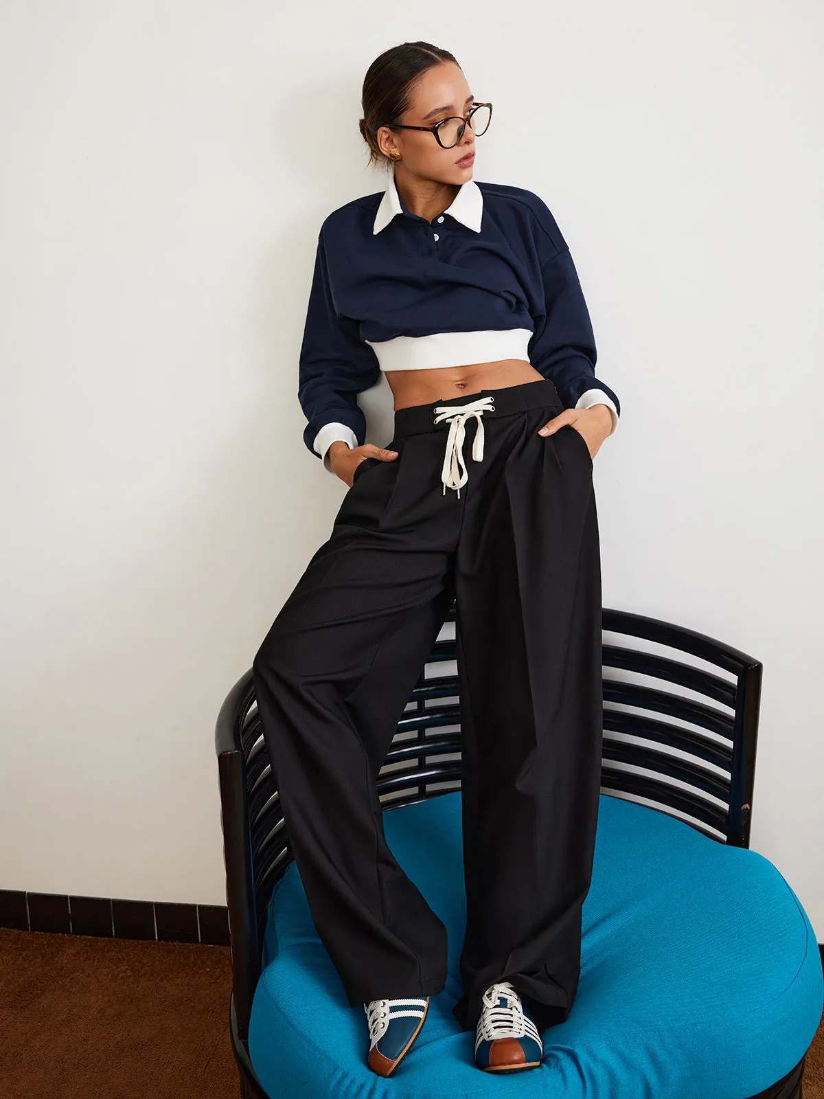 Plain Drawstring Wide-Leg Pants