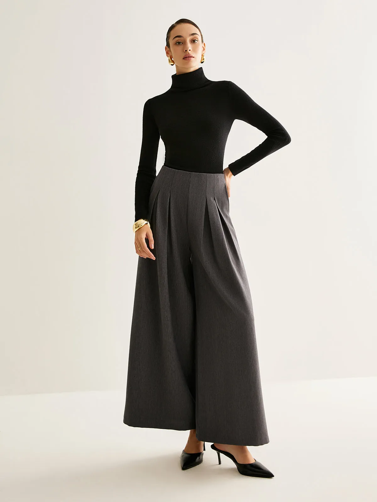 Pleated Zipper Wide-Leg Pants