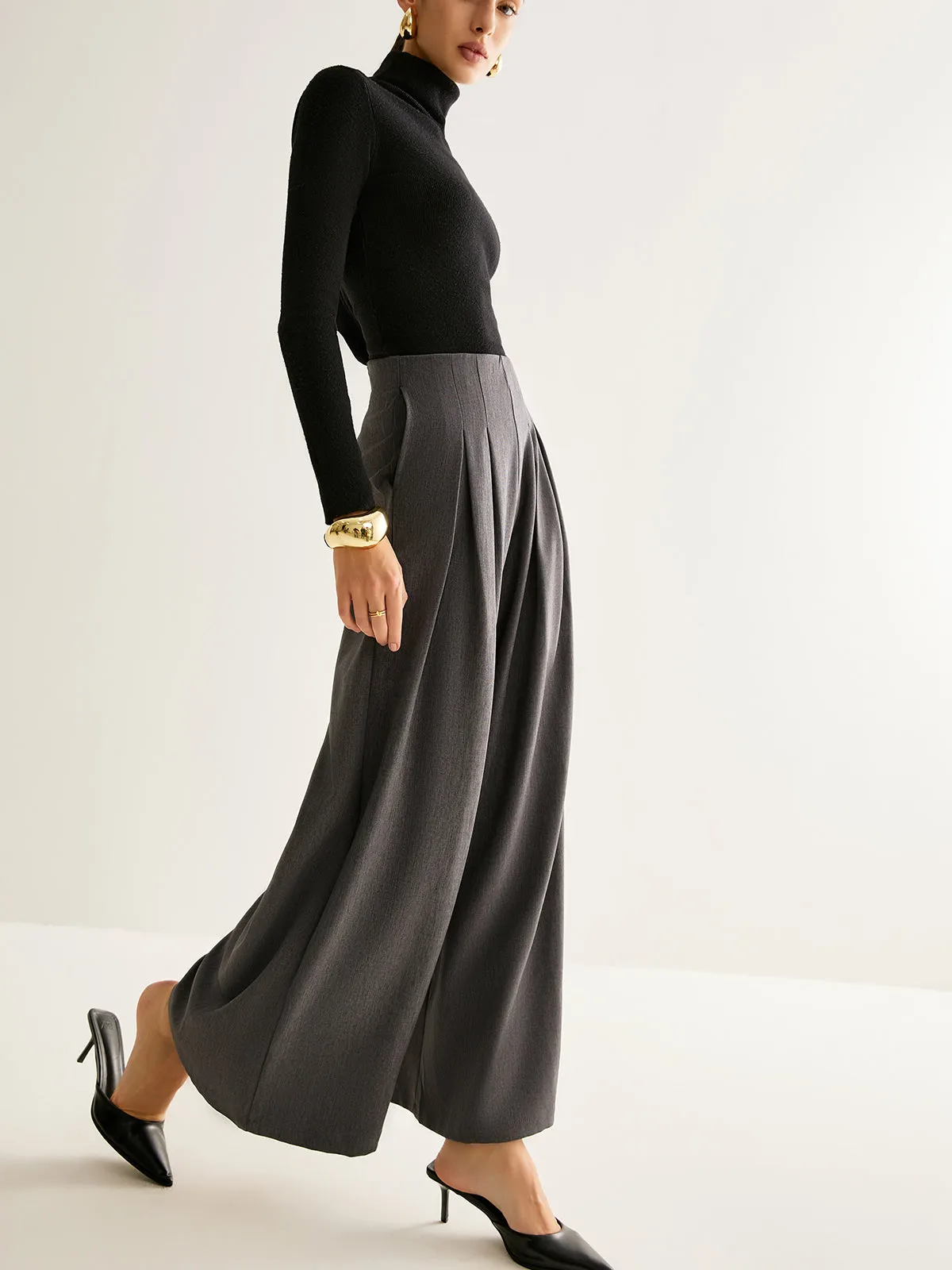 Pleated Zipper Wide-Leg Pants