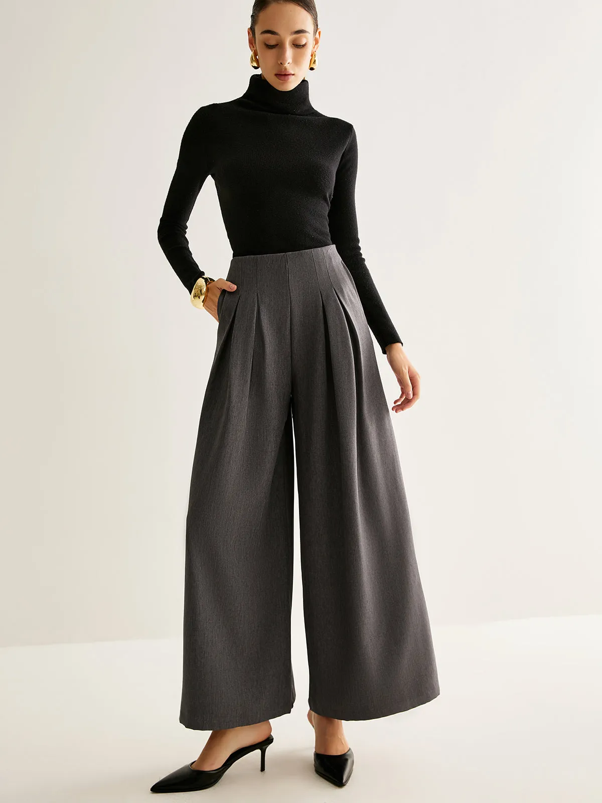 Pleated Zipper Wide-Leg Pants