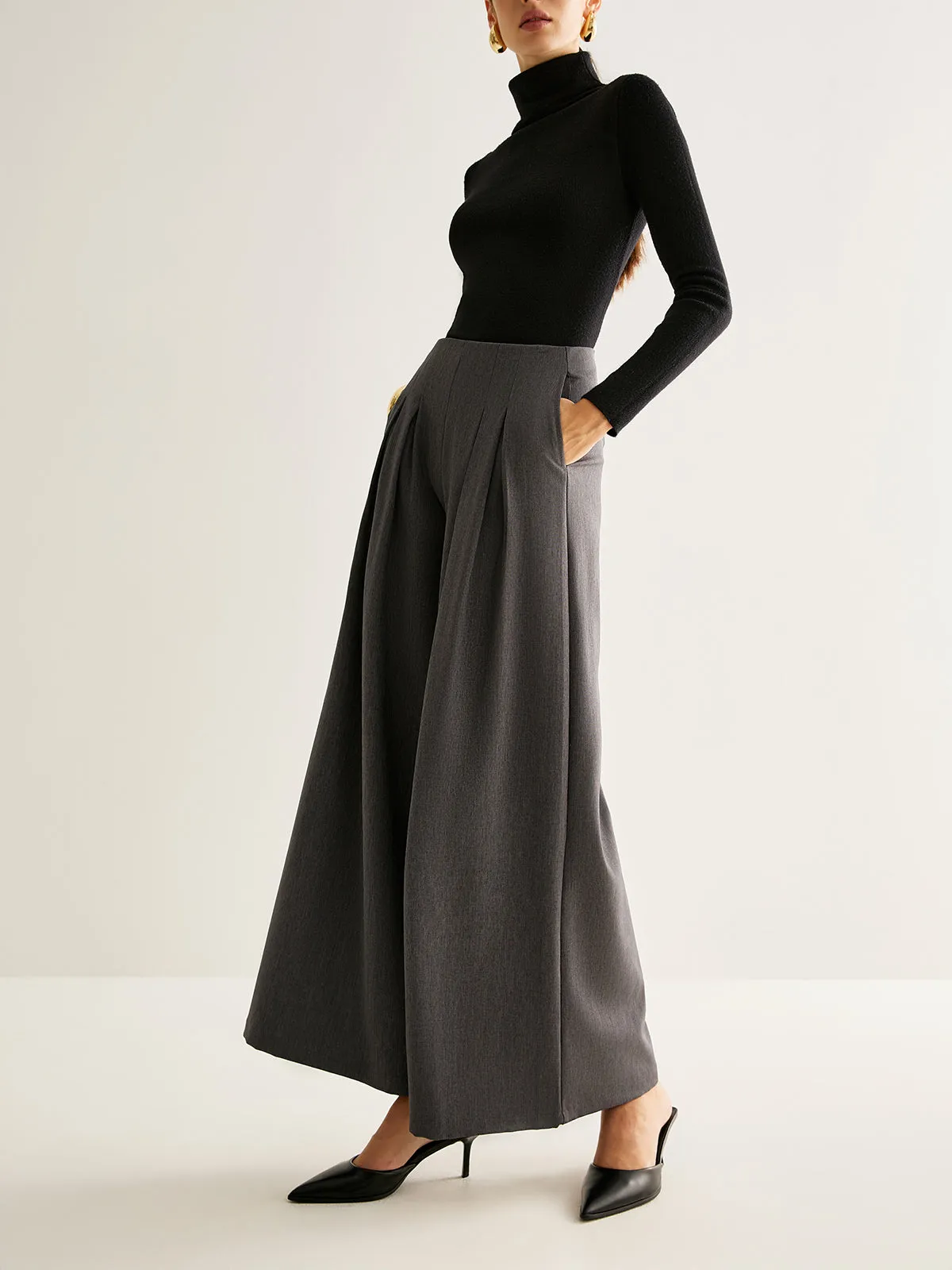 Pleated Zipper Wide-Leg Pants