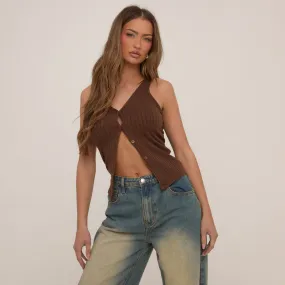 Plunge Neck Button Front Vest Top In Brown Rib