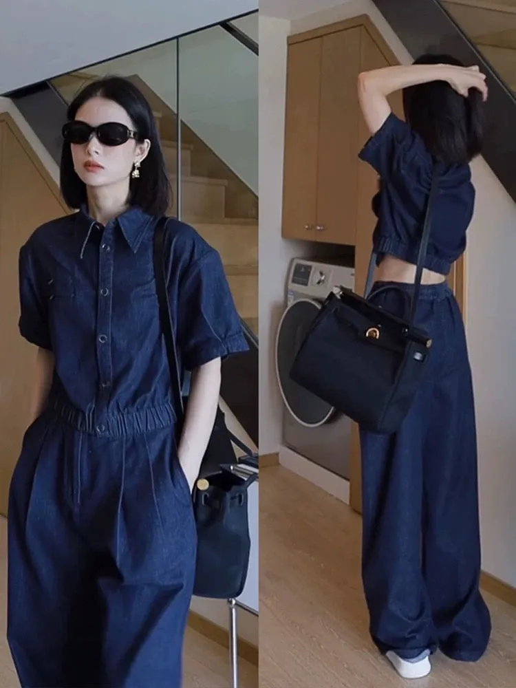 Powerful aura women's high-end tops that hit the streets and Internet celebrities hit high-street style denim wide-leg pants sui