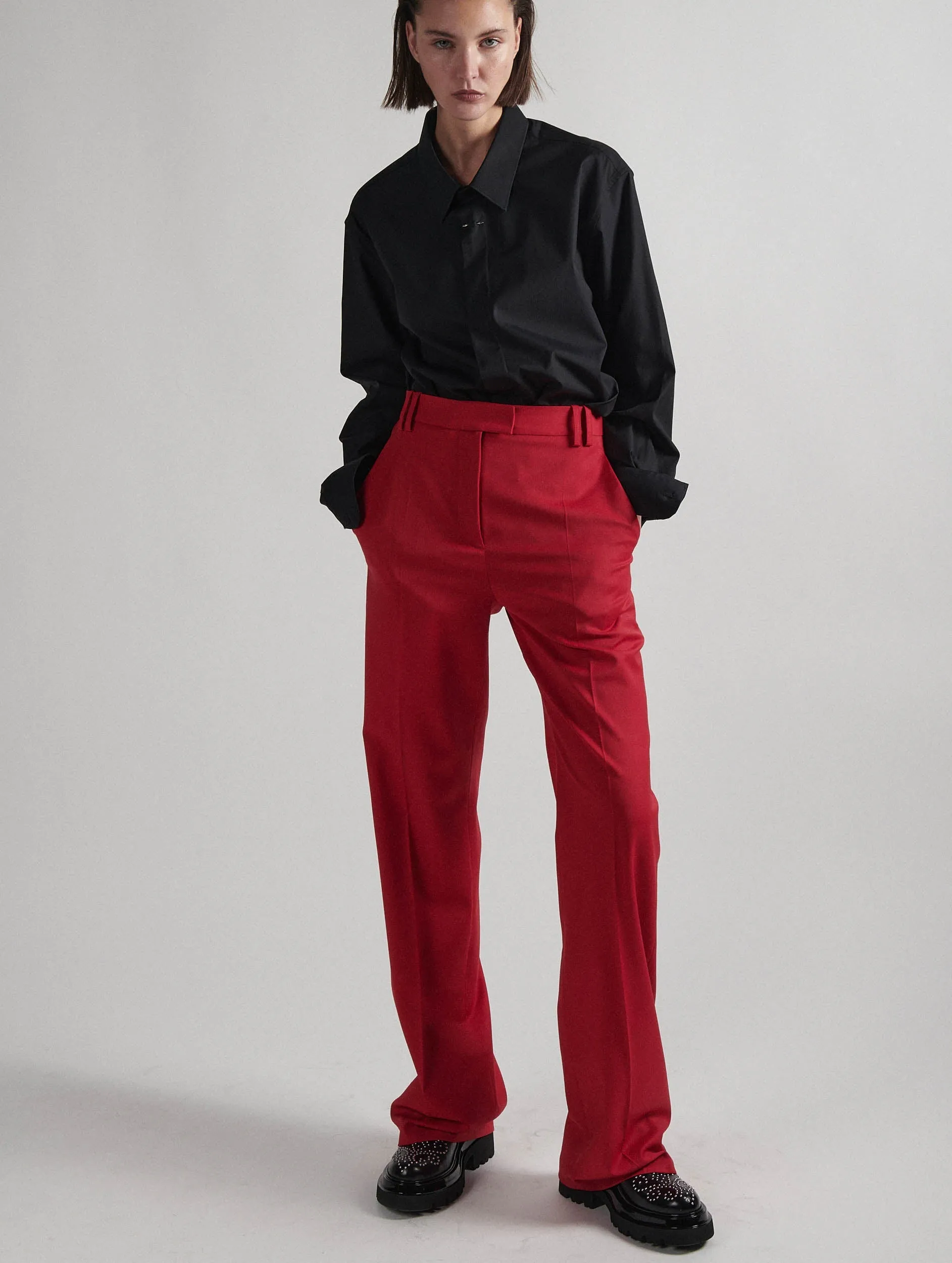 Red wool gabardine high-waisted suit trousers