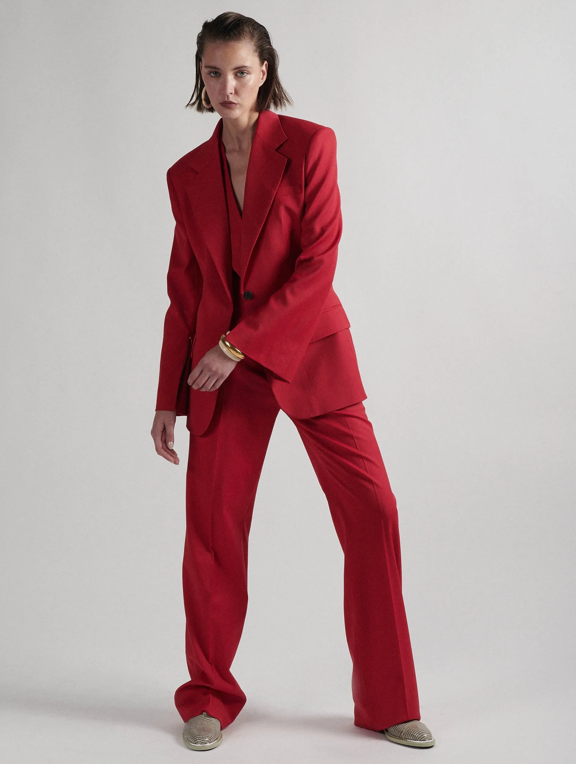 Red wool gabardine high-waisted suit trousers